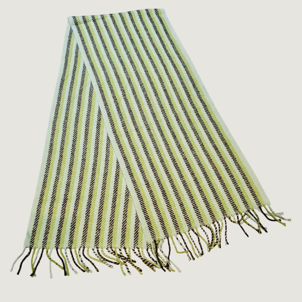 MEG COHEN 100% Cashmere Scarf Made In England Striped Fringe Luxury Green Mint - Picture 4 of 5
